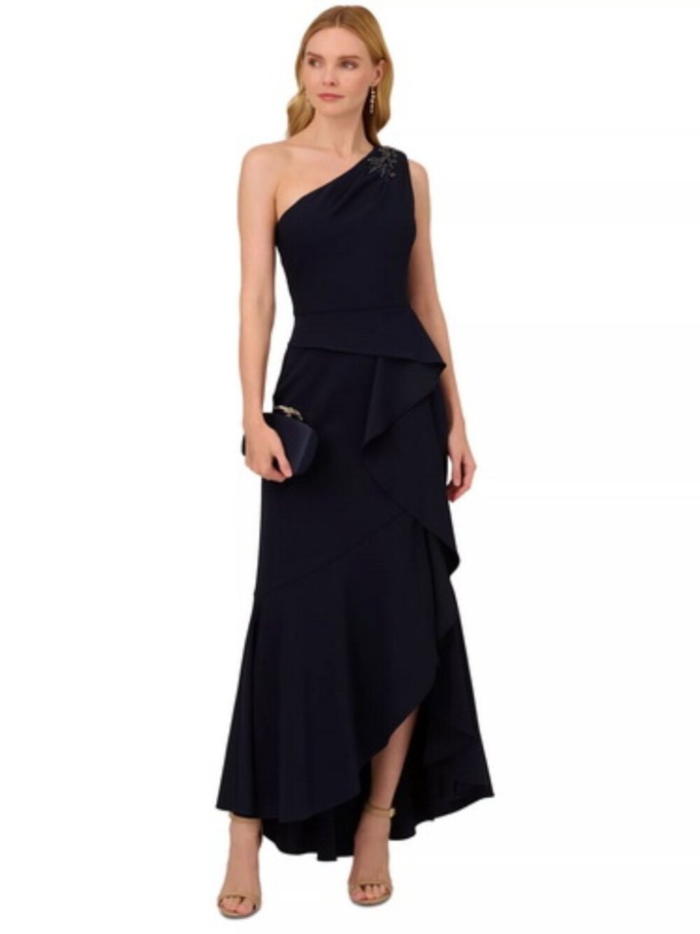 Adrianna Papell Midnight Blue Beaded One-Shoulder Crepe Gown